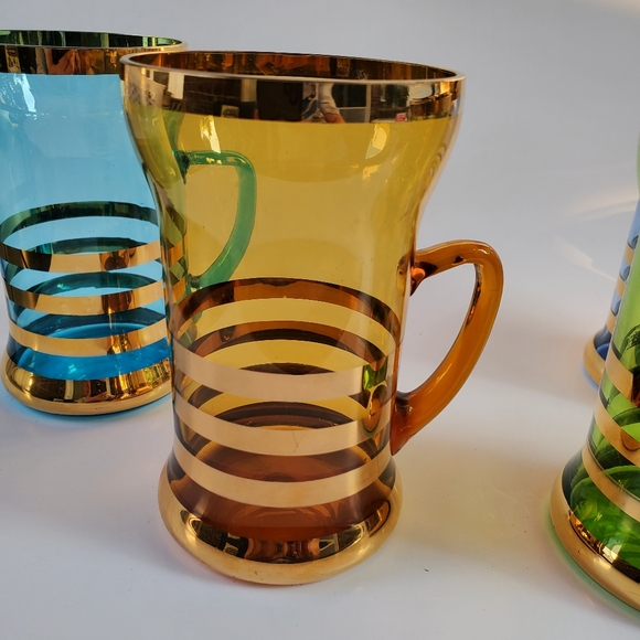 6 Colored Glass Mug Glasses with Gold Bands Made in Romania - Picture 6 of 7